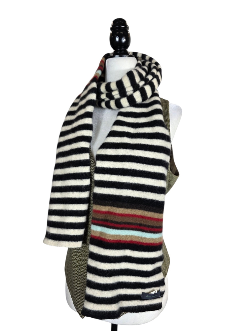 Paul Smith wool& Angora Black & cream Striped Scarf with Multicolor Accent Bands